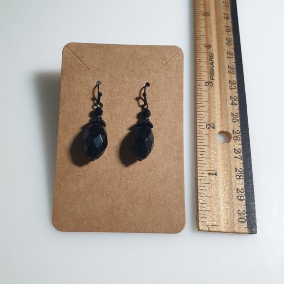 Black Faceted Bead Drop Earrings Elegant Hook Back Jewelry Handmade Design Gift - Picture 4 of 5